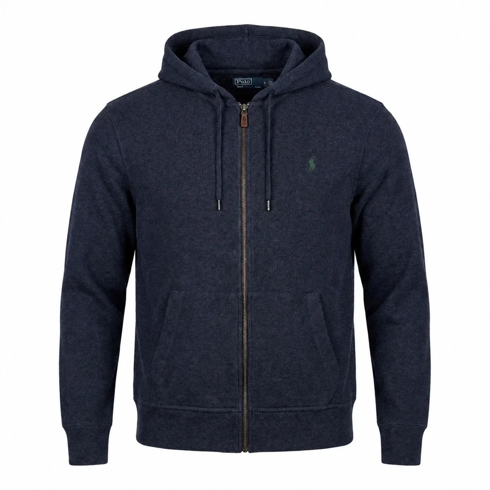VTG Polo Ralph Lauren Knit Sweater Full Zip Hoodie Navy XL Leather Zip Preppy